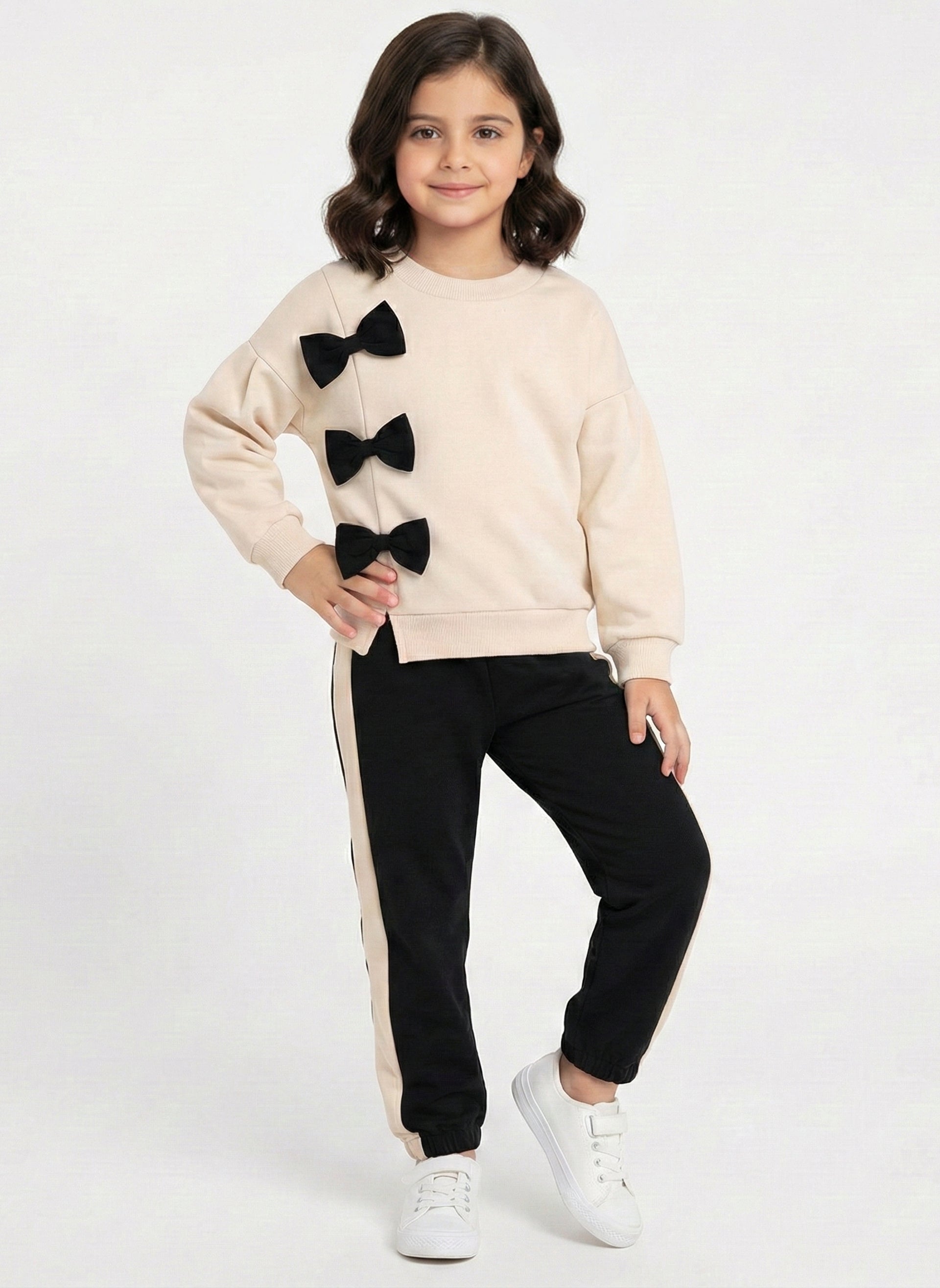 Winter Cute Bow Outfit for Girls Beige