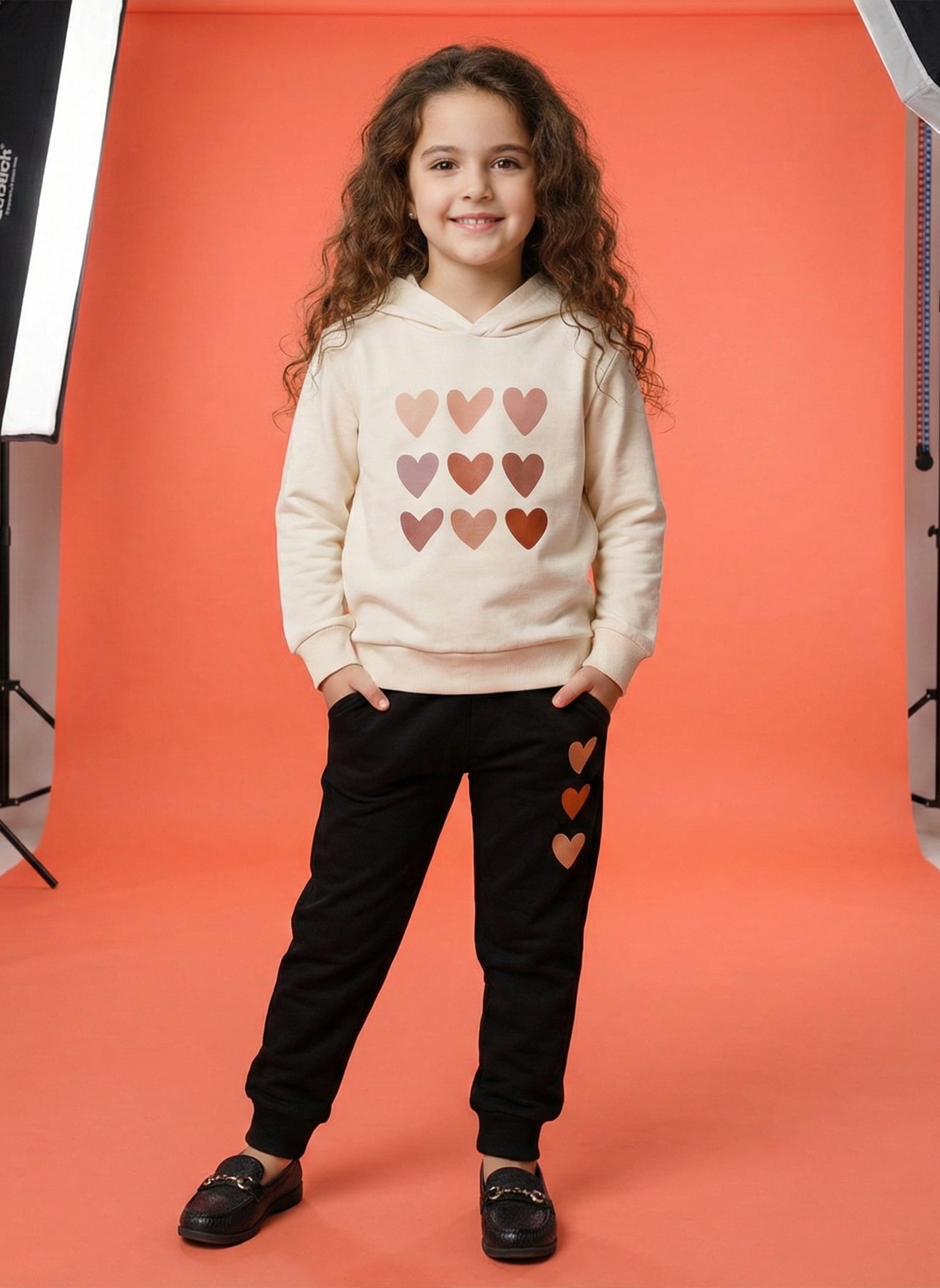 Winter Colorful Hearts Outfit for Girls Beige